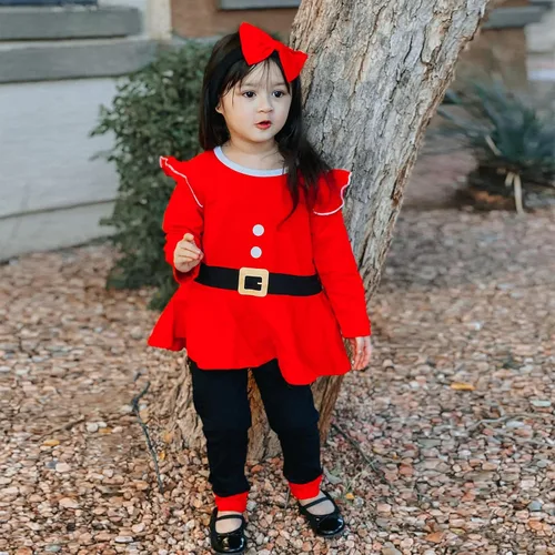 Vista 2 de Conjunto de ropa de Navidad con estampado de Papá Noel para niñas pequeñas, conjunto de ropa de Navidad de 3 piezas