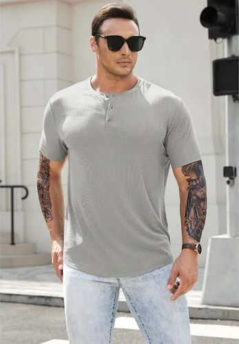 Vista 8 de JMIERR Camisas para hombre con cuello redondo y cuello redondo, camiseta atlética con botón