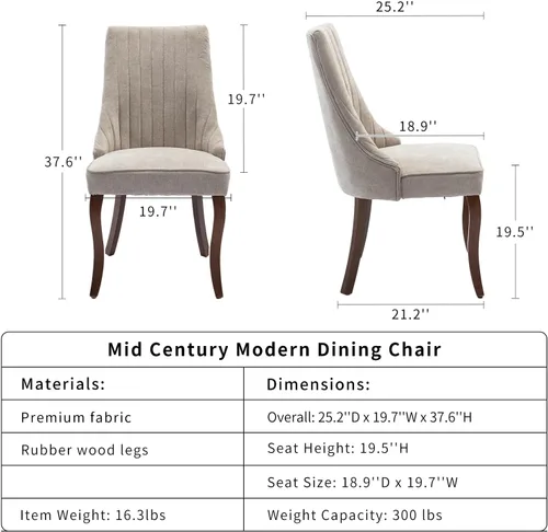 Vista 3 de ODUSE-DAILY Juego de 2 sillas de comedor de mediados del siglo en color beige, juego de 2 sillas modernas para cocina y comedor, sillas tapizadas