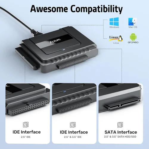 Vista 10 de Alxum IDE a SATA Adaptador USBC Lector de Disco Duro Externo con Fuente de Alimentación USB 3.0 5Gbps IDE Enclosure,Recovery Converter for