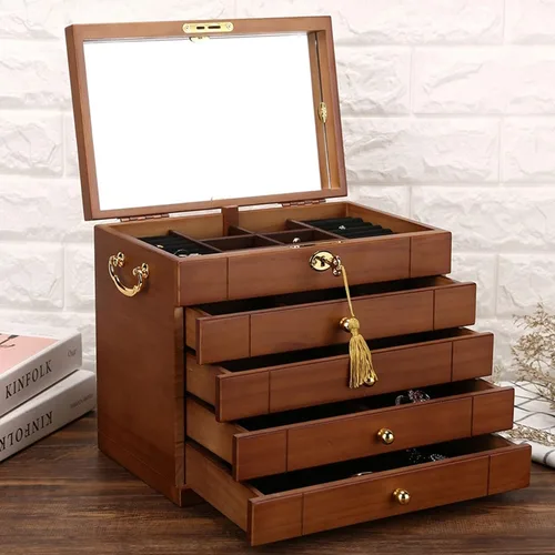 Vista 5 de Joyero grande de madera de 345 capas con cerradura y espejo, joyero para mujeres y niñas, anillos y collares, cajas de joyería y organizadores (L)