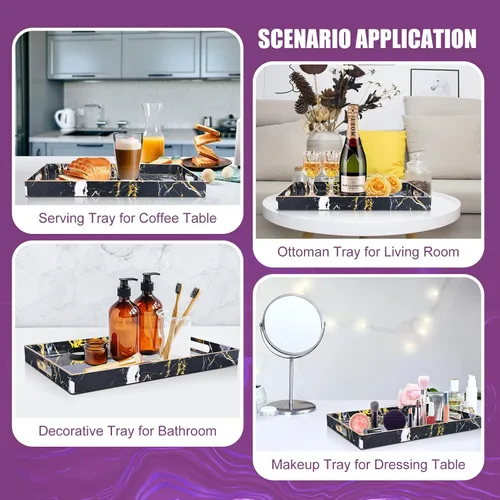 Vista 5 de Gifturbo - Bandeja de servir negra, bandejas de servir decorativas de mármol con asas, bandejas rectangulares de plástico para mesa de café otomanas