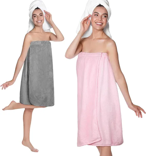 Vista 11 de Tigeen 2 Pcs Towel Wrap for Women Lightweight Spa Robe with Adjustable Closure Elastic Top Soft Bathrobe Spa Wrap