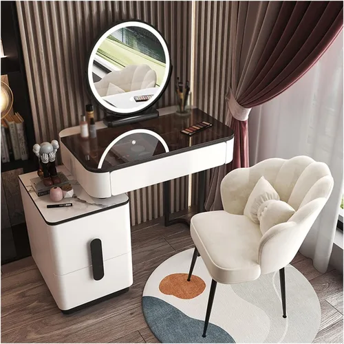 Vista 11 de Tocador de maquillaje, mesa de cristal, tocador, moderno, simple, avanzado, de madera, para dormitorio, almacenamiento, tocador, espejo inteligente