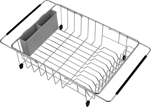 Vista 8 de SANNO - Escurreplatos para secar platos, estante grande para platos ajustable con escurridor profundo y soporte extraíble para cubiertos, estante