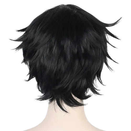 Vista 5 de ANOGOL Gorra de peluca+ 1 lente Peluca corta negra para hombres, peluca sintética negra para cosplay, peluca de anime para niños, para mujeres