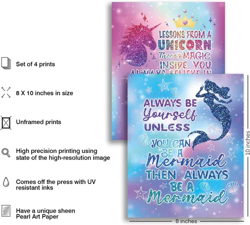 Vista 7 de Pósteres de decoración de pared de unicornio arcoíris para habitación de niñas, decoración de dormitorio de sirena de hada para habitación de niñas