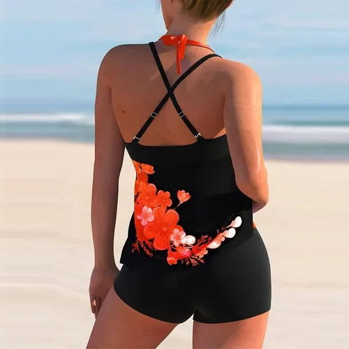 Vista 3 de Traje de baño tankini con estampado de lunares para mujer, traje de baño de dos piezas, ajuste holgado, traje de baño atlético sin espalda