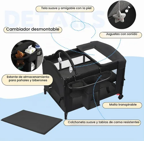 Vista 3 de Cuna de bebé de 5 en 1 para poner junto a la cama con tubo de columpio que se convierte en cuna, cuna con colchón, cambiador de pañales desmontable