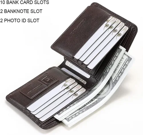 Vista 55 de Billetera de piel triple con bloqueo RFID para hombre con 2 ventanas de identificación, 2 compartimentos para efectivo, 6-8 ranuras para tarjetas
