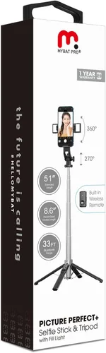 Vista 9 de MYBAT PRO - Trípode para selfie stick con control remoto, 4 en 1 extensible portátil Bluetooth Selfie Stick con luces y trípode para teléfono