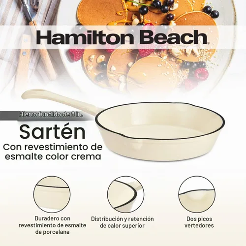 Vista 8 de Sartén de Hierro Fundido Esmaltada Hamilton Beach de 8 Pulgadas en Crema, Revestimiento Esmaltado en Crema, Sartén para Estufa y Horno