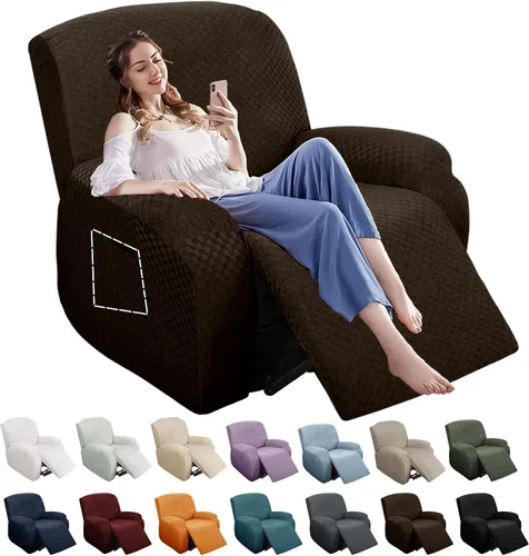 Vista 49 de YEMYHOM Funda elástica de 4 piezas para silla reclinable de jacquard con bolsillo lateral, antideslizante, ajustable, protector de muebles con parte