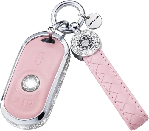 Vista 9 de Funda para llave inteligente con llavero, de piel auténtica color rosa, con cristales, carcasa protectora
