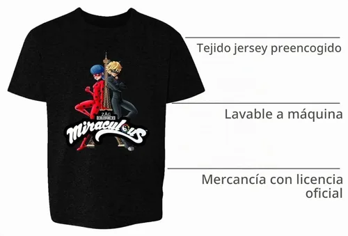 Vista 2 de Pop Threads Miraculous Ladybug and Cat Noir Merch - Camiseta para niños y niñas Juventud Negro