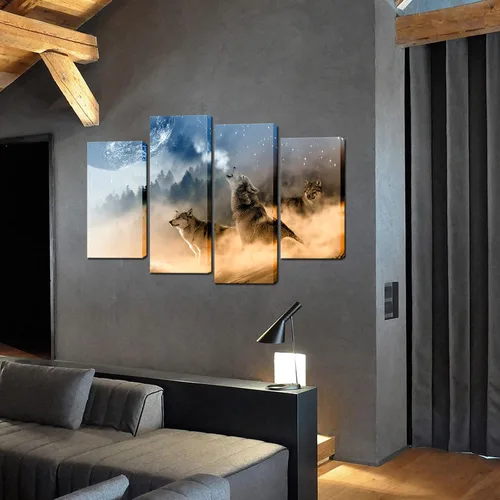 Vista 3 de Biuteawal - 4 piezas de arte de pared de animales de lobo aullando a la luna, póster de arte impreso de vida silvestre para decoración moderna