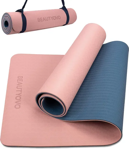 Vista 7 de Tapete de yoga con correa, 1/3 pulgadas extra gruesa, de doble cara, antideslizante, tapetes profesionales de TPE para mujeres y hombres, tapete