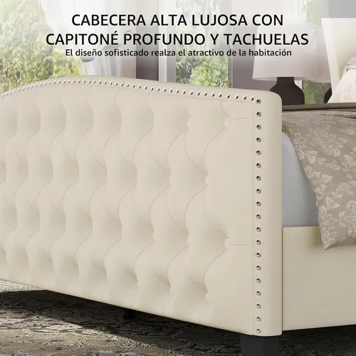 Vista 4 de BRELTAM Marco de cama tapizado tamaño Queen en terciopelo color beige con cabecera y pie de cama acolchados con botones profundos y soporte