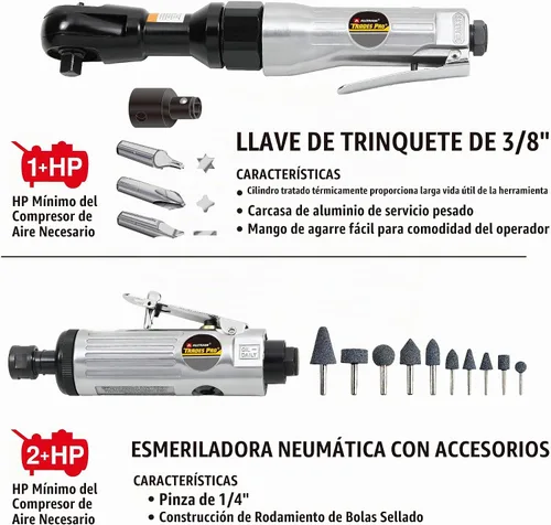 Vista 4 de Kit de herramientas de aire y accesorios Trades Pro, 71 piezas, llave de impacto, carraca de aire, amoladora de ángulo, martillo de aire, accesorios