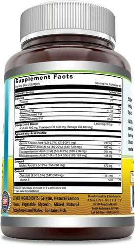 Vista 2 de Amazing Omega 3.6.9 Suplemento 1200 mg por porción 120 cápsulas blandas Sabor a limón Sin OMG Sin gluten Fabricado en Estados Unidos