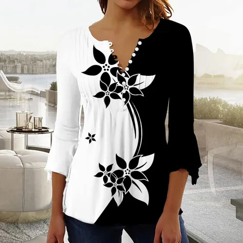 Vista 27 de Ceboyel Blusa tipo túnica con estampado floral para mujer, con botones, estilo Henley, con manga de codo, casual, trajes de moda para mujer