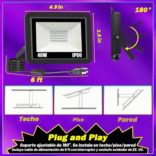 Vista 7 de Luz negra de 40 W IP66 impermeable para exteriores con cable de 6 pies + enchufe + interruptor, reflector de luz negra para Halloween, neón que