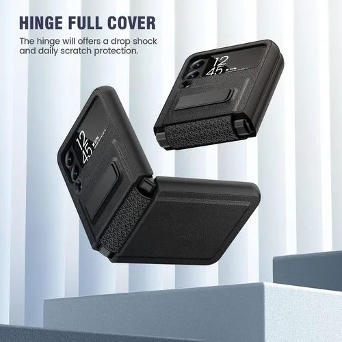 Vista 5 de Caka Compatible para Galaxy Z Flip 3 5G con soporte de patas, Funda para Z Flip 3 con protector de cámara, protección de bisagras y carga Negro