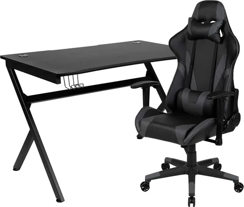 Vista 61 de Flash Furniture Juego de escritorio para juegos negro y silla de carreras blanco/negro con soporte para tazas, gancho para auriculares y soporte
