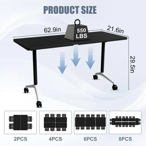 Vista 3 de 8 Pack Folding Conference Tables,62.9" Mobile Training Tables Black