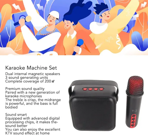 Vista 3 de Juego de mini máquina de karaoke con altavoz, micrófono inalámbrico, gran campo de sonido, chip profesional, múltiples conexiones, batería de larga