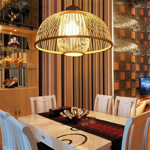 Vista 7 de Lámpara de bambú y madera de estilo chino personalidad creativa Hueco Endant Light Industrial Retro Material Natural Linterna Luz Colgante E27