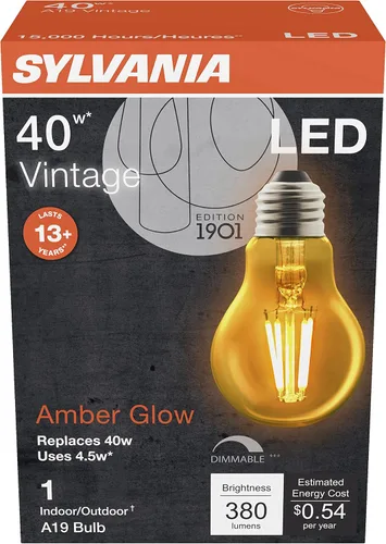 Vista 3 de Sylvania - Bombilla LED vintage A19, equivalente a 40 W, eficiencia de 4.5 W, 13 años, 380 lúmenes, regulable, brillo ámbar, 1 paquete (75347)