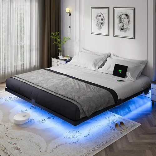 Vista 9 de OLEVS - Marco de cama flotante de metal tamaño matrimonial con luz LED y estación de carga Full Metal Platform Bed Frame with Smart LED, Charging