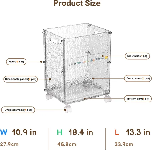 Vista 5 de Cubo organizador de juguetes con ruedas para almacenamiento de animales de peluche, grande, glaciar With Wheels, Clear Shatterproof Cart, Slim