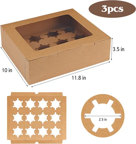 Vista 2 de Moretoes Paquete de 3 cajas para cupcakes, capacidad para 12 cupcakes estándar, recipientes para cupcakes con ventana e insertos, suministros