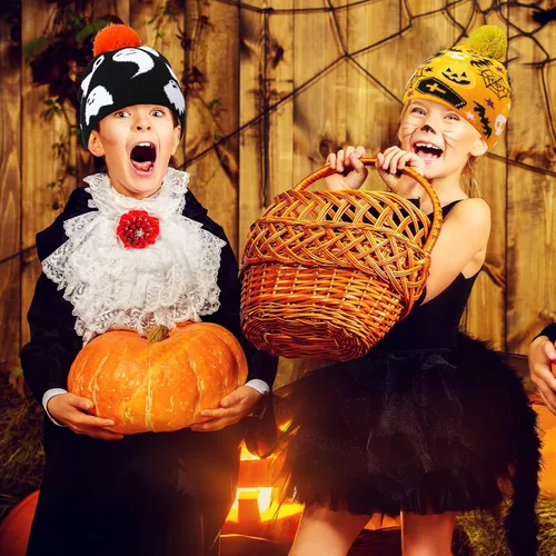 Vista 5 de 6 gorros de Halloween con patrón de fantasma, gorro de punto cálido y elástico de invierno para hombres y mujeres adultos, regalos de Halloween