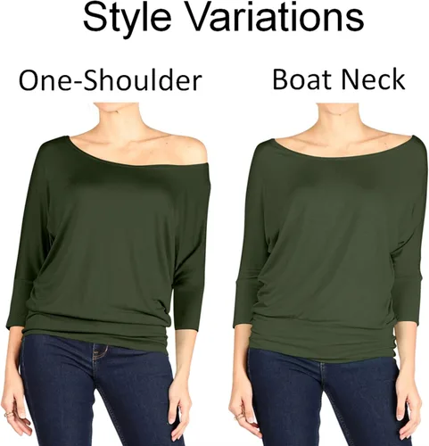 Vista 4 de Camiseta sexy para mujer estilo dolman con hombros descubiertos manga 34 cintura con bandas tallas regulares y grandes