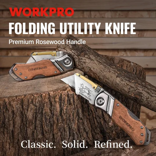 Vista 2 de WORKPRO Cuchillo utilitario plegable con clip para cinturón y cuchillas adicionales de 10 piezas, mango de madera, cortador resistente, cambio