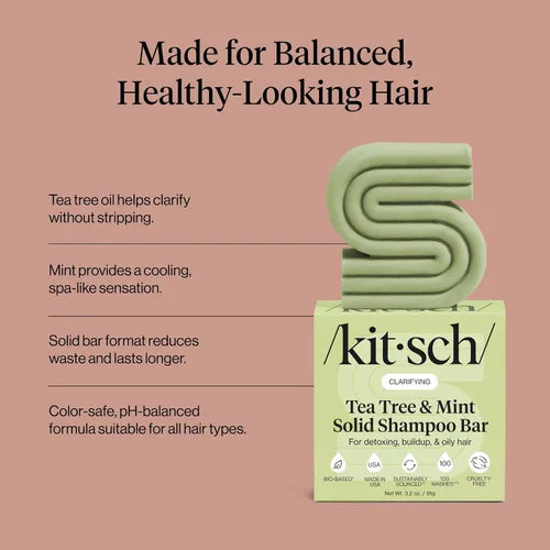 Vista 5 de Kitsch Tea Tree & Mint Clarifying Shampoo and Shave Bar, Champú anticaspa para hombres y mujeres, sin plástico, sin sulfato. Champú para el cabello