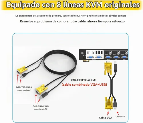 Vista 6 de eKL Conmutador KVM VGA de 8 puertos en 2 salidas Switch 8x2 Soporta teclado básico y ratón Audio USB 2.0 Dispositivos compartiendo 8 computadoras