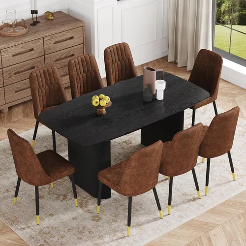 Vista 21 de Juego de mesa de comedor moderno para 4, juego de mesa de comedor negro de 67 pulgadas con mesa ovalada de madera de 3.5 pulgadas de grosor y base