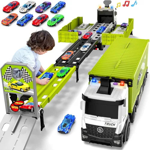 Vista 10 de Camión de carreras para niños, juguete plegable de 3 capas para niños, camión de juguete para transportar autos y 8 autos de carreras, juguetes