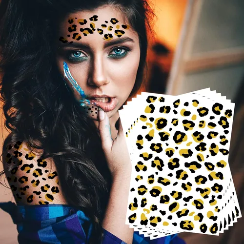Vista 8 de Tatuajes temporales con estampado de leopardo, 6 hojas de calcomanías realistas de piel de leopardo para adultos y niños, perfectas para Halloween