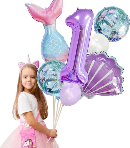 Vista 4 de Decoraciones de cumpleaños de sirena número 1: 13 globos de cola de sirena