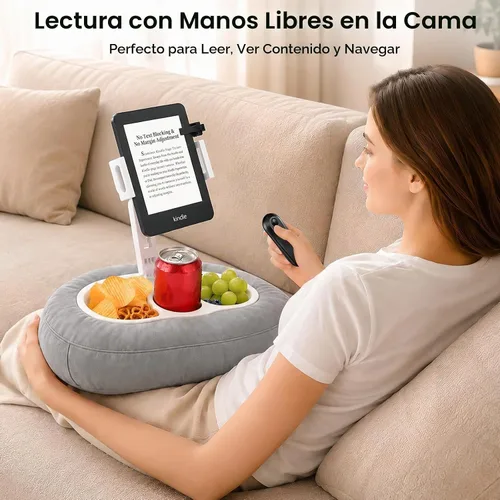 Vista 2 de Soporte de almohada para tableta para cama y sofá, soporte manos libres para Kindle y iPad con brazo ajustable de 360°, almohada de regazo suave