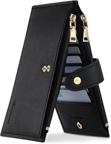 Vista 14 de Travelambo Billeteras de cuero para mujer, delgada, con bloqueo RFID, billetera plegable para tarjetas de crédito, Marrón beige