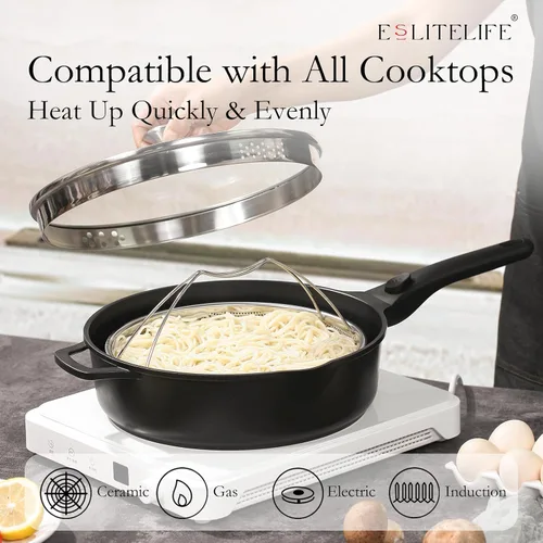 Vista 5 de ESLITE LIFE Sartén antiadherente Always con tapa, sartén de 11 pulgadas (4.5 Qt) para freír en profundidad y saltear, segura para horno, inducción