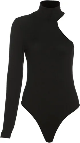Vista 5 de Hilinker Body de un hombro para mujer, manga larga, cuello alto, punto acanalado