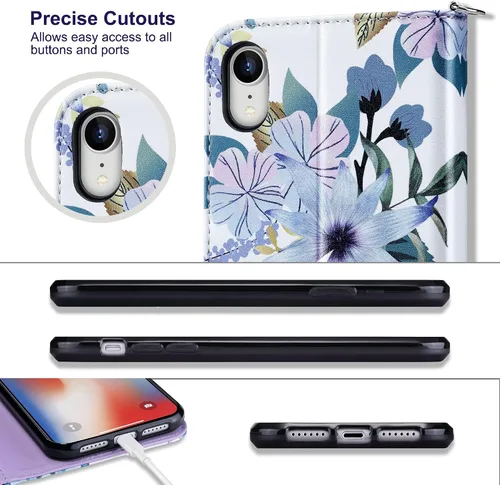 Vista 9 de ULAK Funda compatible con iPhone XR tipo cartera para mujer, de piel sintética de alta calidad, con tarjeteros, función atril, funda protectora a