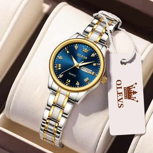 Vista 4 de OLEVS Reloj de acero inoxidable para mujer, estilo vintage, dorado, plateado, de dos tonos, analógico, de cuarzo, casual, impermeable